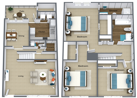 3 Bed 2 Bath Floor Plan at Colony Townhomes, Raleigh, NC